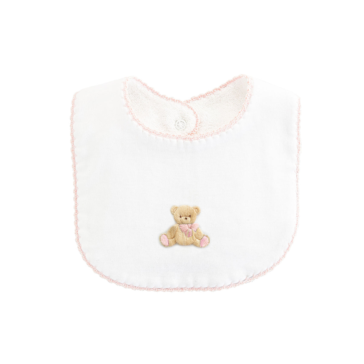 Pink trimmed white bib with embroidered teddy bear.