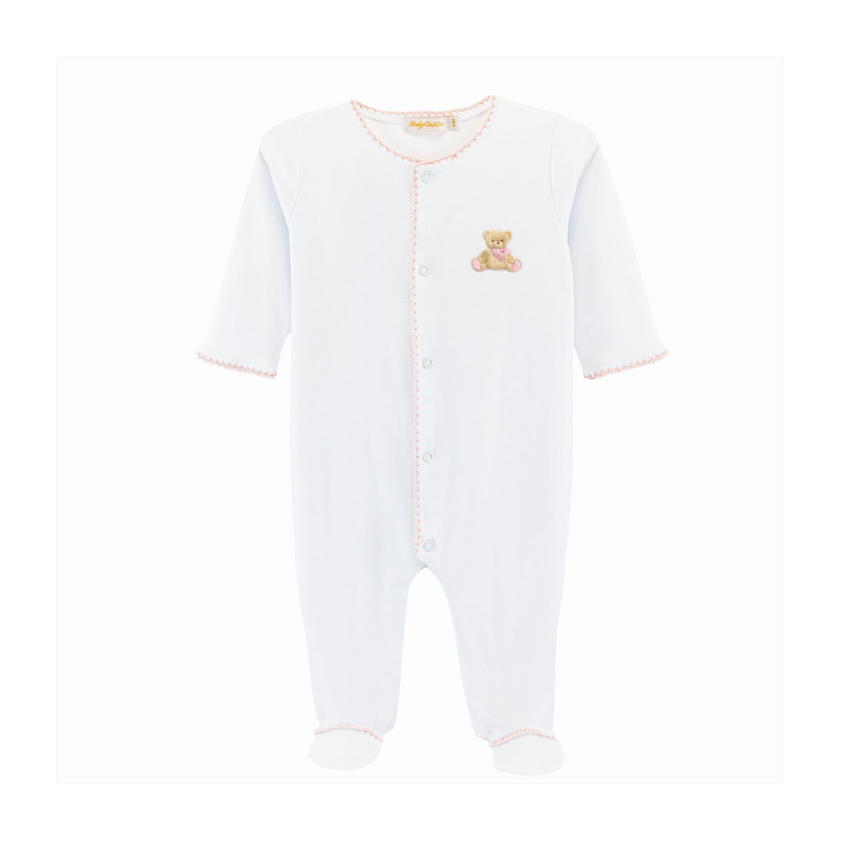 Pink trimmed white footie with embroidered teddy bear on chest
