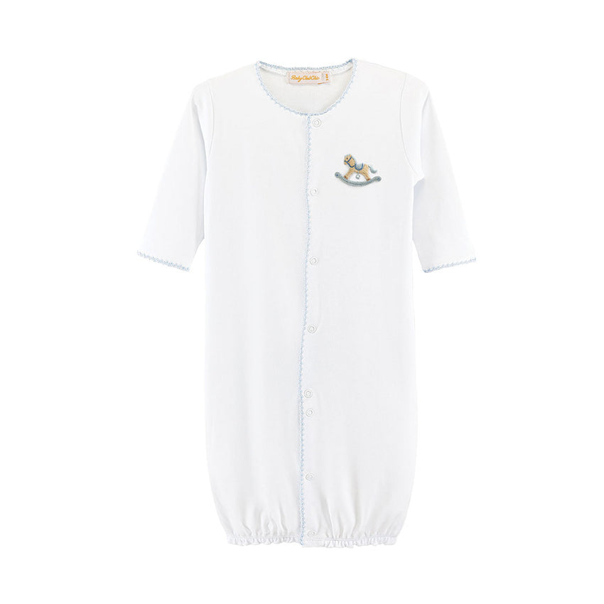 Blue trimmed white baby converter with small embroidered rocking horse on chest. 