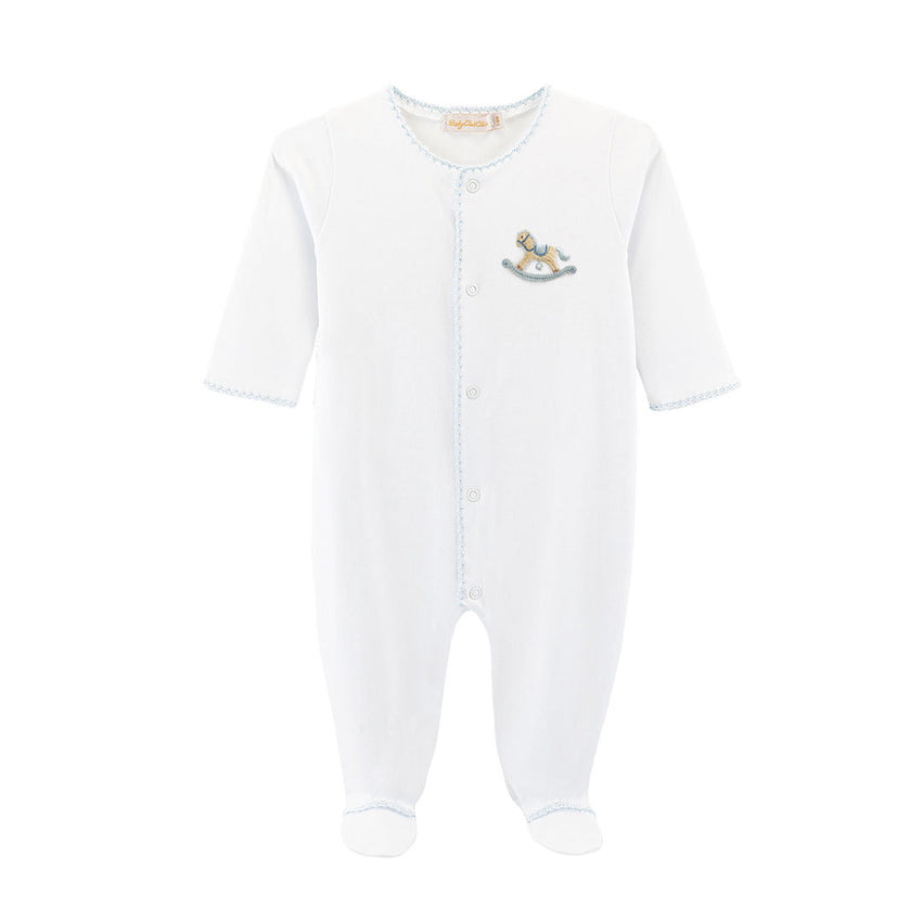 Blue trimmed white footie with small rocking horse embroidered design on chest 