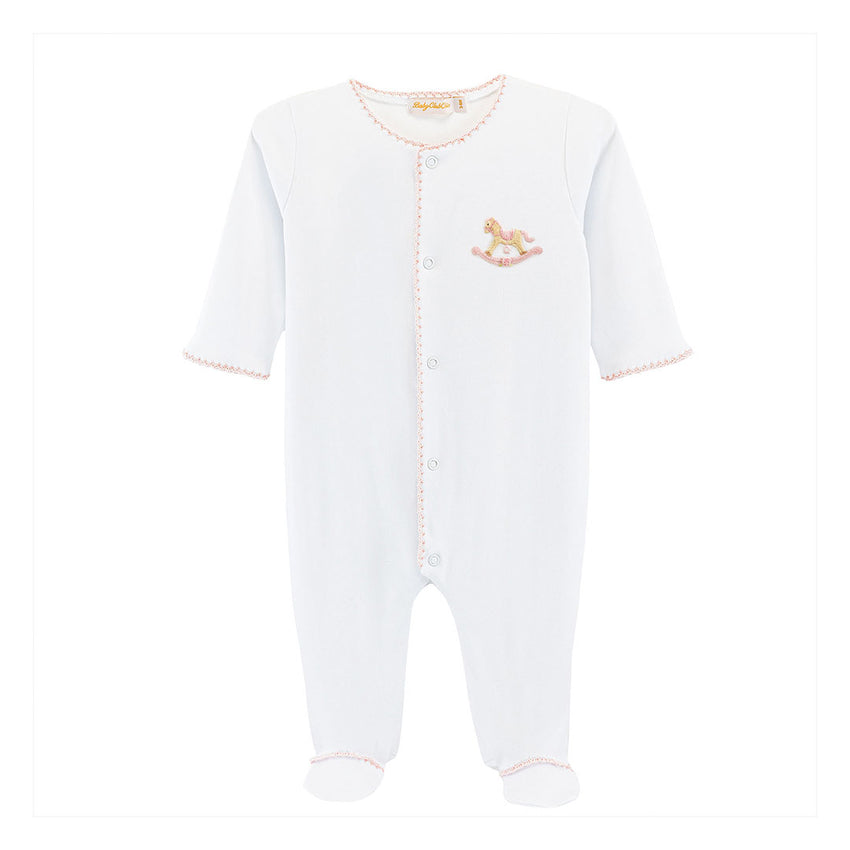 Pink trimmed white footie with rocking horse design embroidered on chest