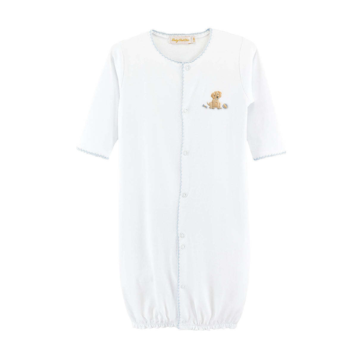 Blue trimmed white baby converter gown with a small embroidered puppy design 