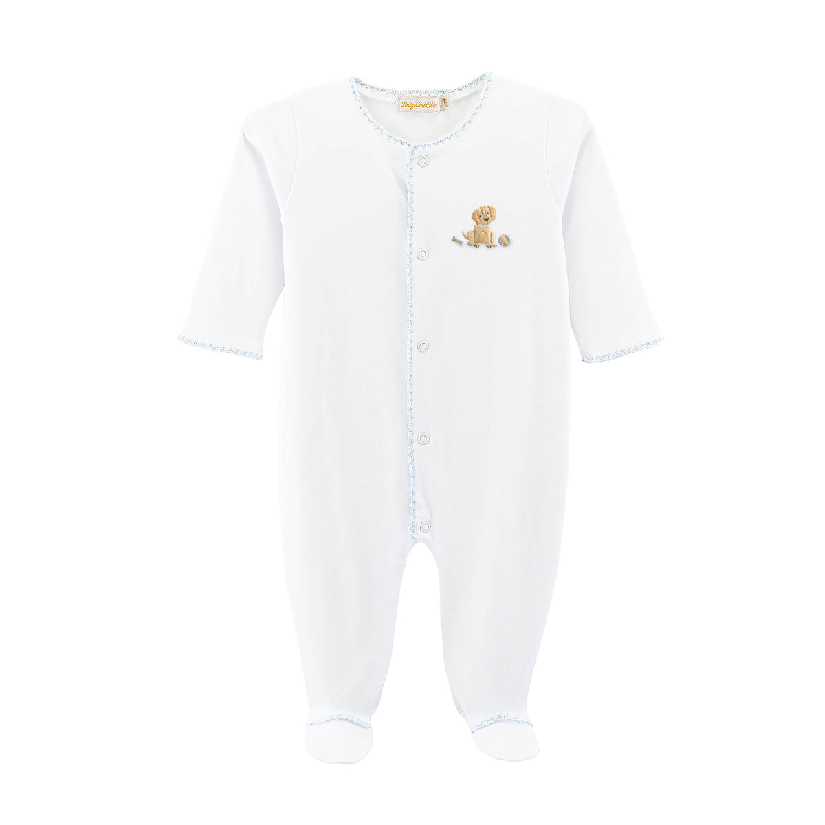 Blue trimmed white baby footie with a small embroidered puppy design 