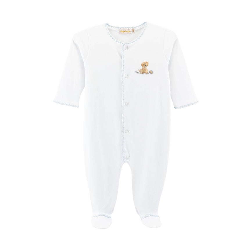Blue trimmed white baby footie with a small embroidered puppy design 