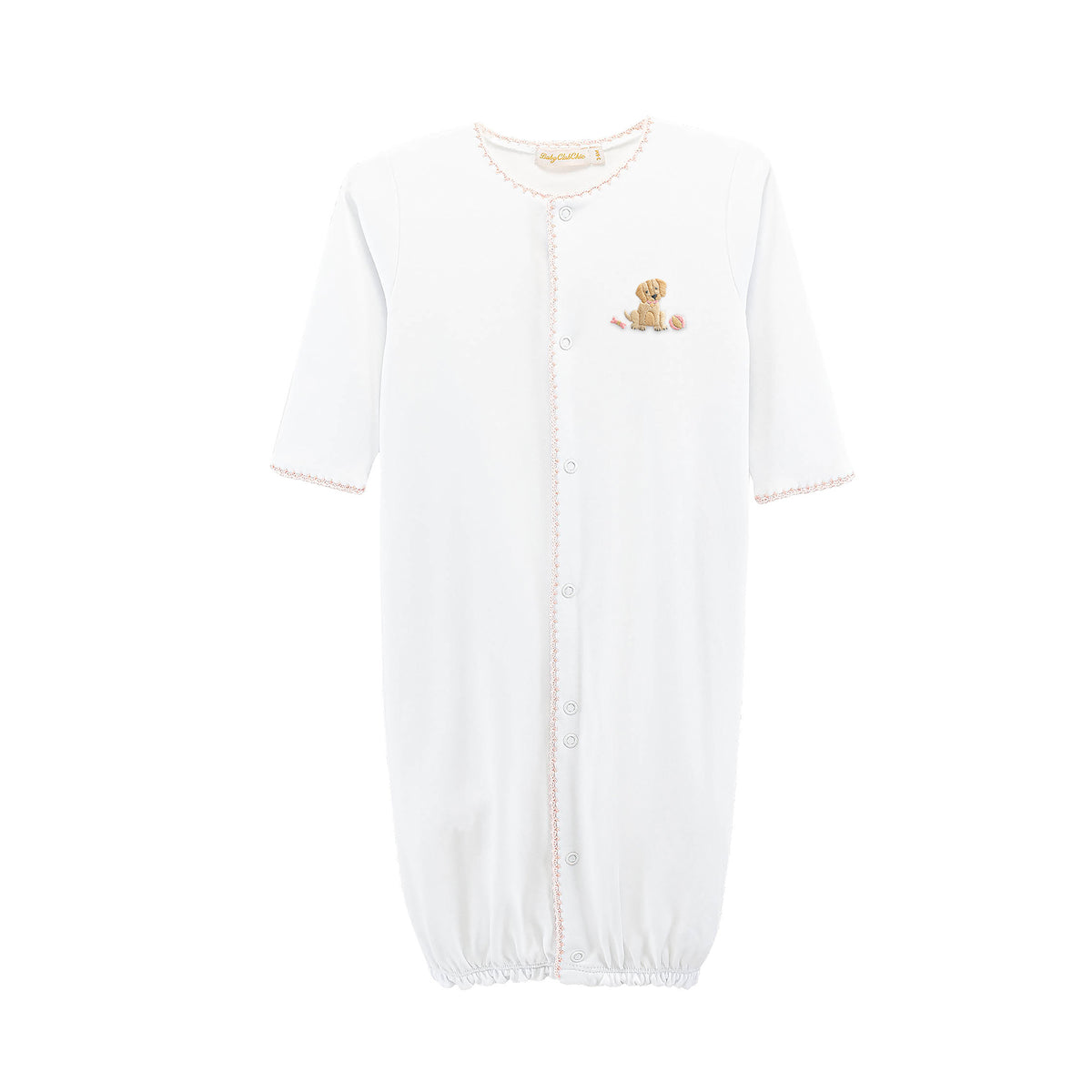 Pink trimmed white converter with a small embroidered puppy 