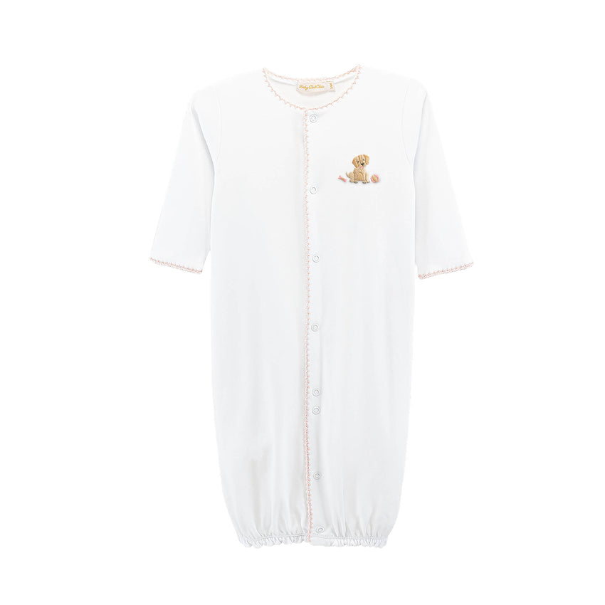 Pink trimmed white converter with a small embroidered puppy 