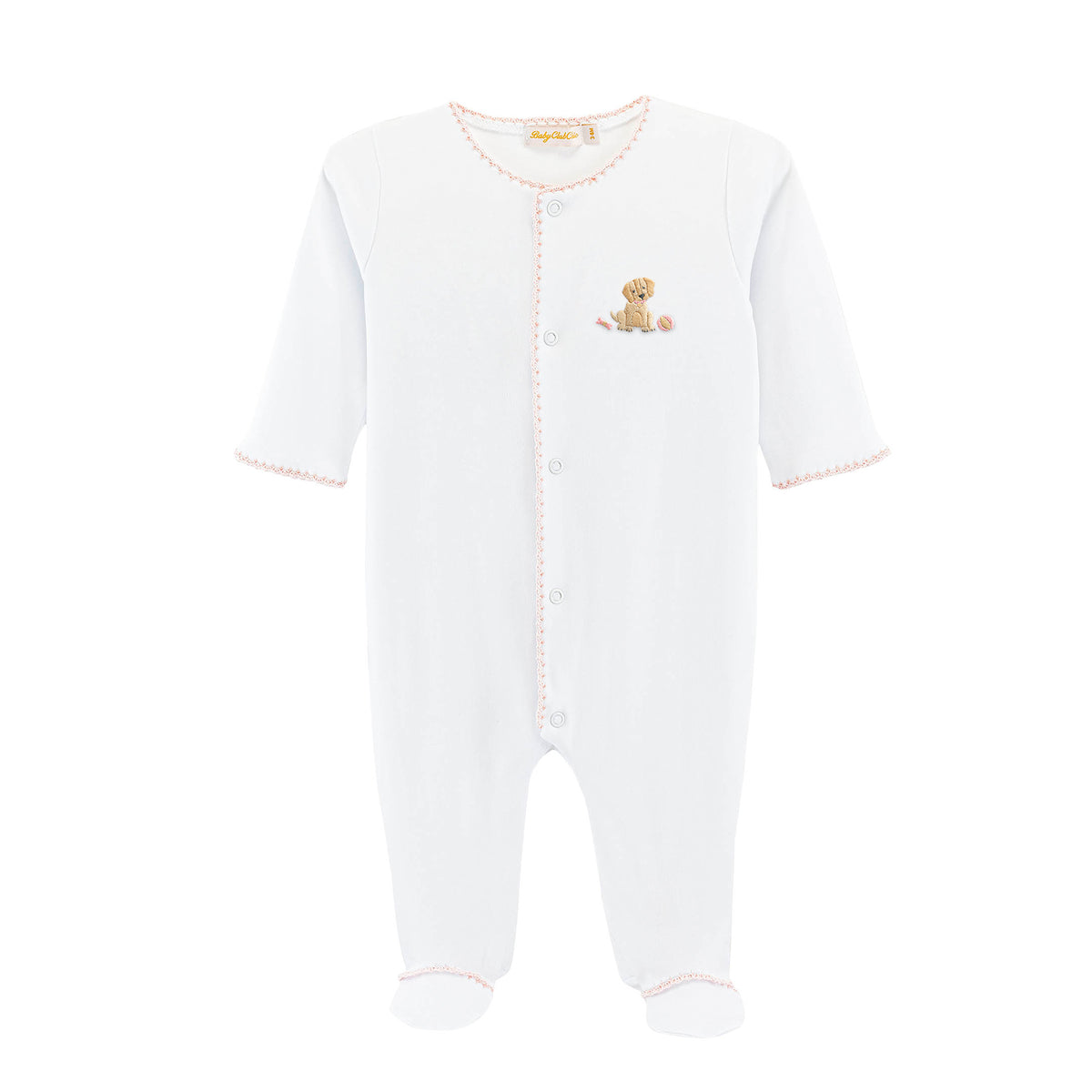 Pink trimmed white baby footie with a small embroidered puppy 