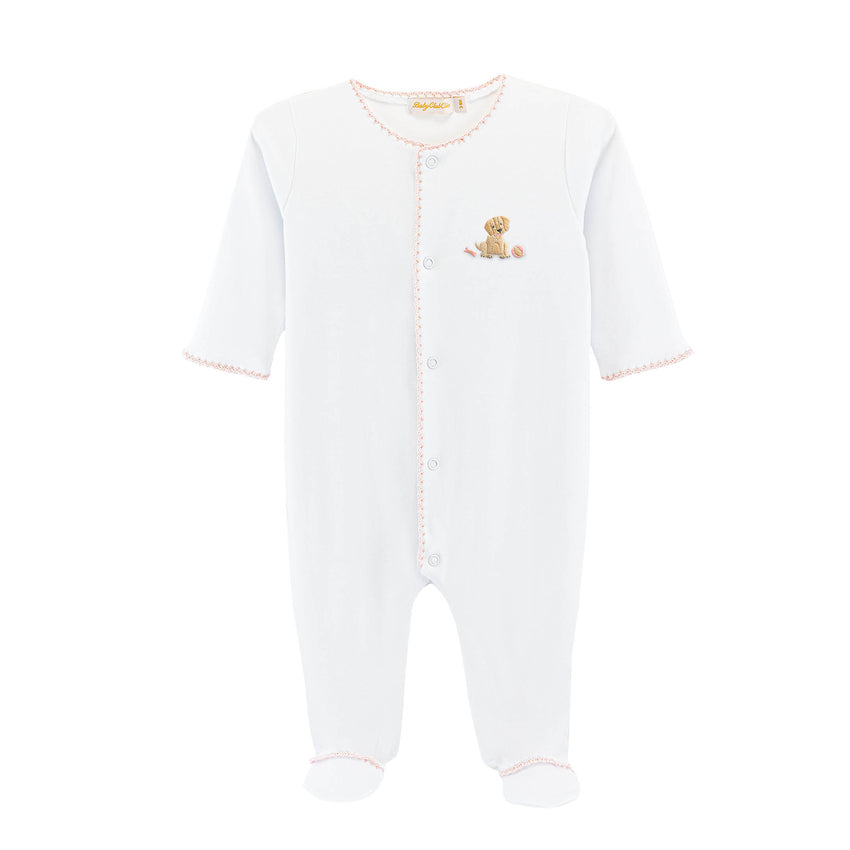 Pink trimmed white baby footie with a small embroidered puppy 