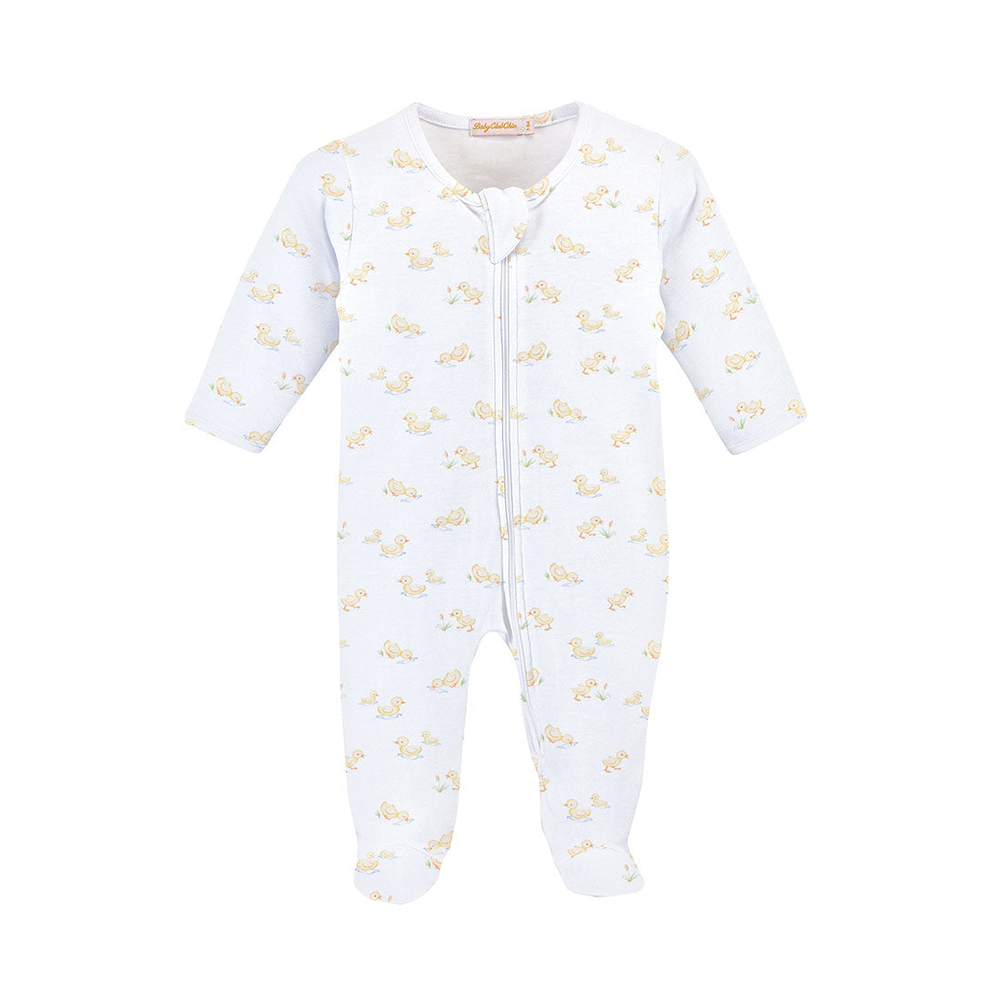 Baby zipper front footie with yellow duck pattern 