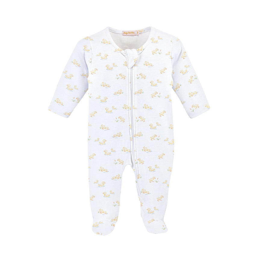Baby zipper front footie with yellow duck pattern 