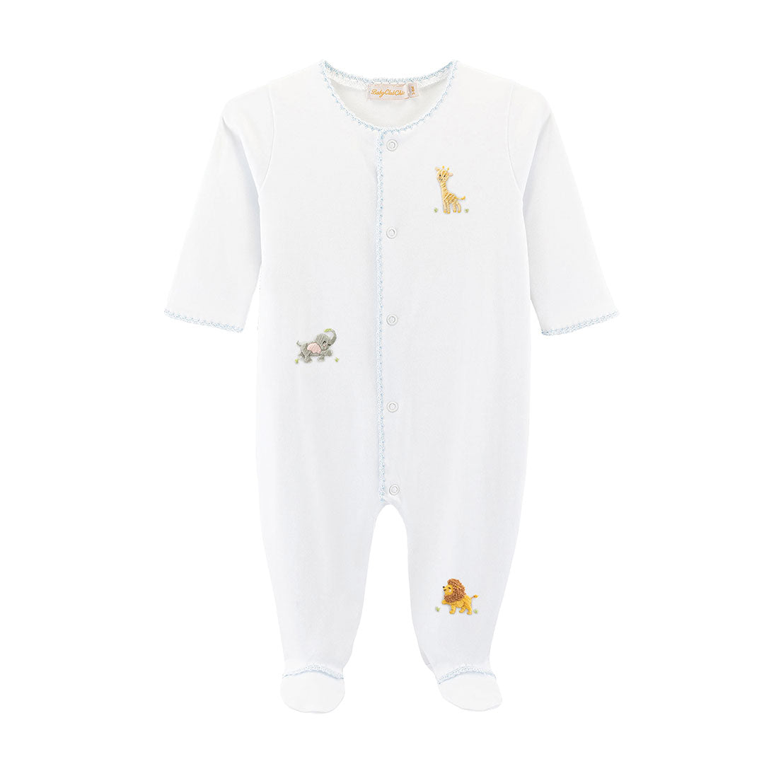 Blue trimmed white baby footie with wild animals embroidered designs 