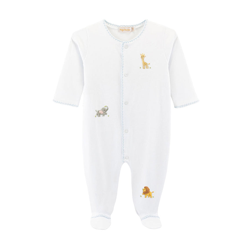 Blue trimmed white baby footie with wild animals embroidered designs 
