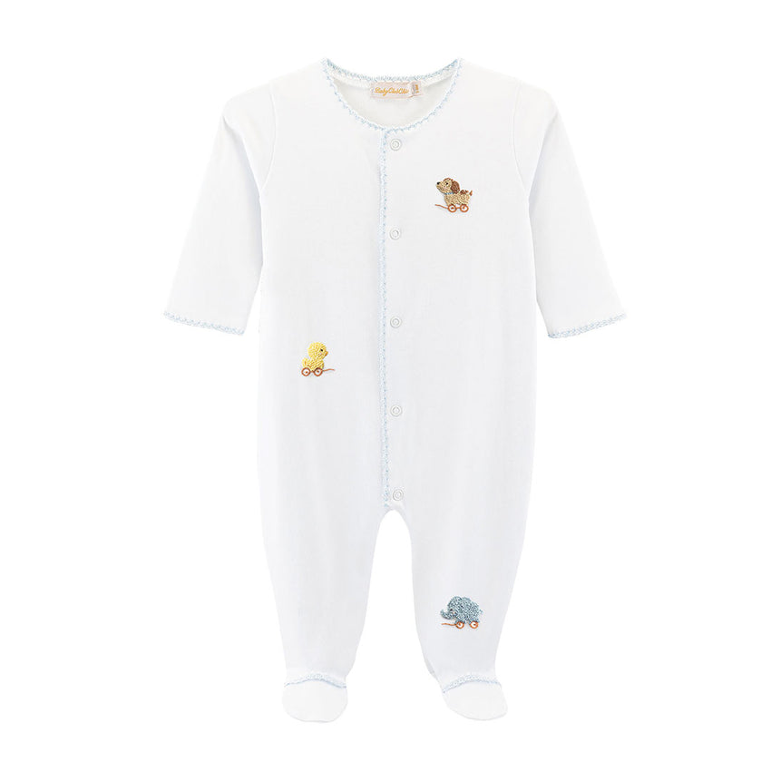 Blue trimmed white footie with animal designs embroidered on front 