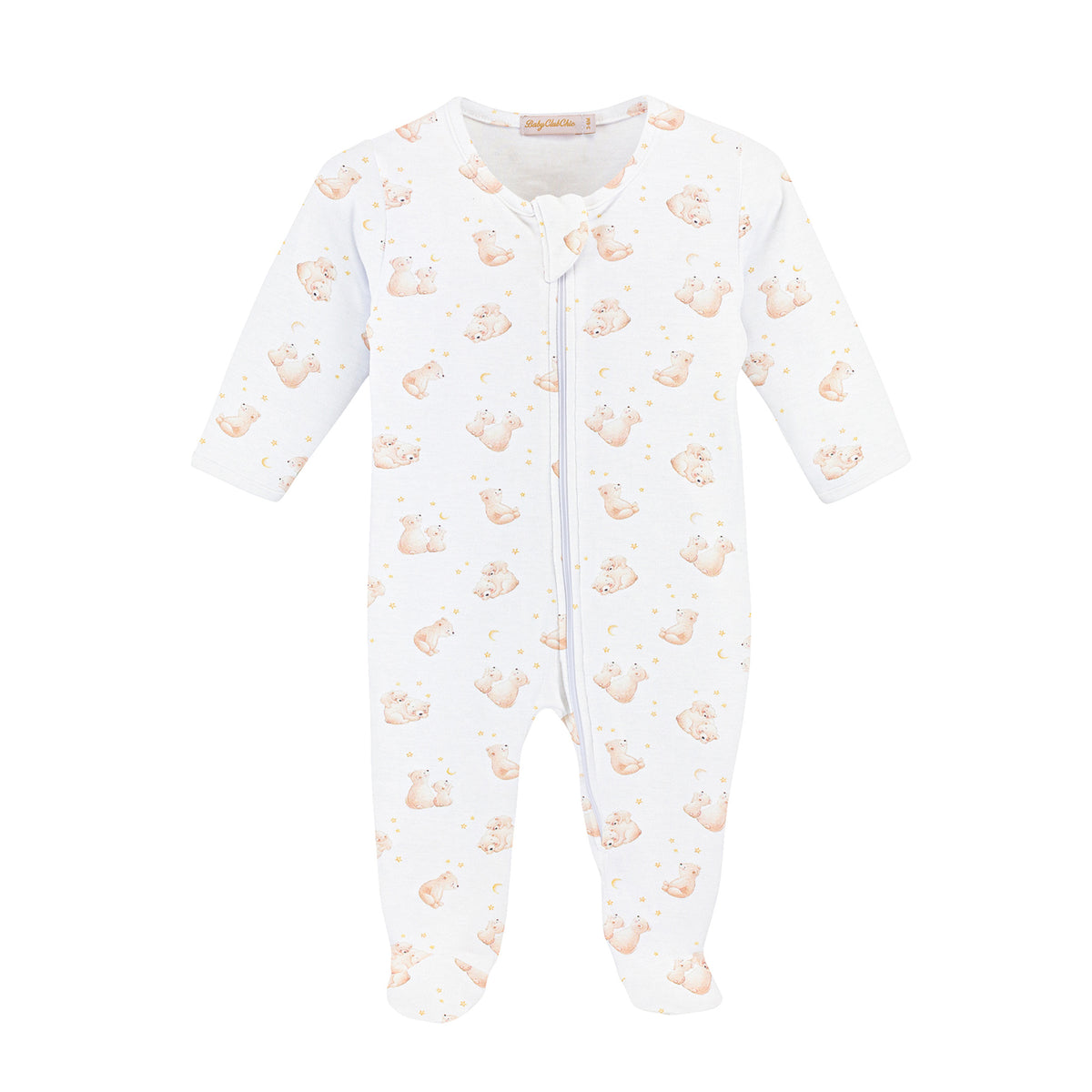 White zipper footie with a teddy bear pattern 