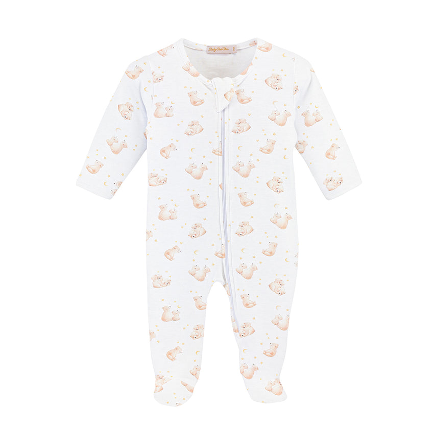White zipper footie with a teddy bear pattern 