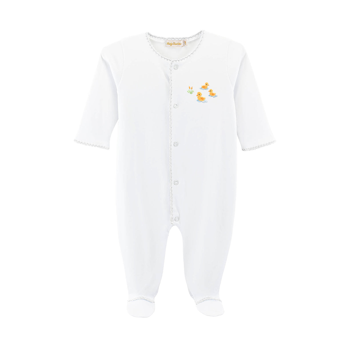 White footie with snap front and three embroidered ducks
