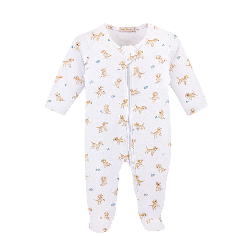 White zipper front footie with all over puppy design 