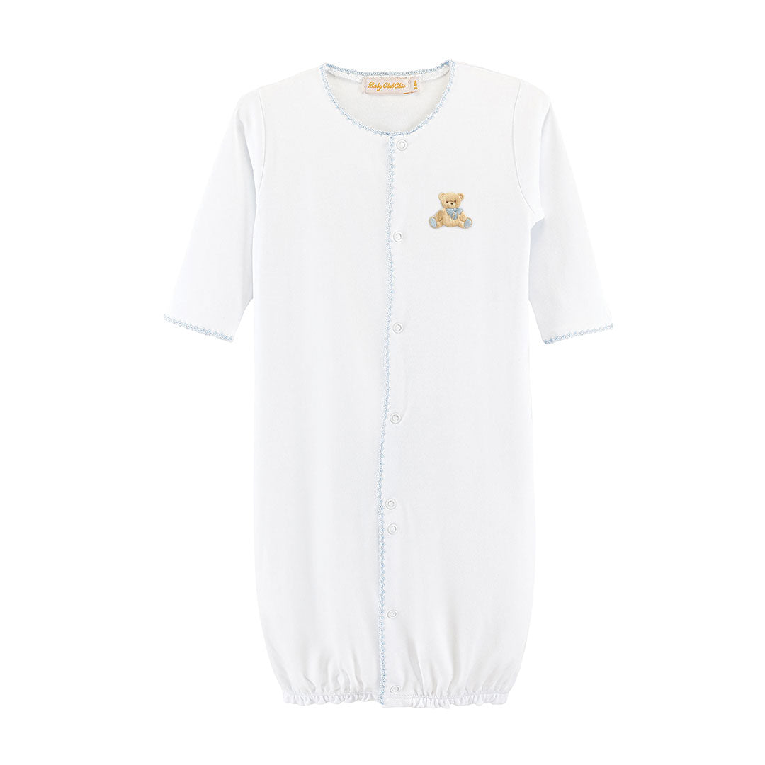 Blue trimmed white converter with teddy bear embroidery on chest. 