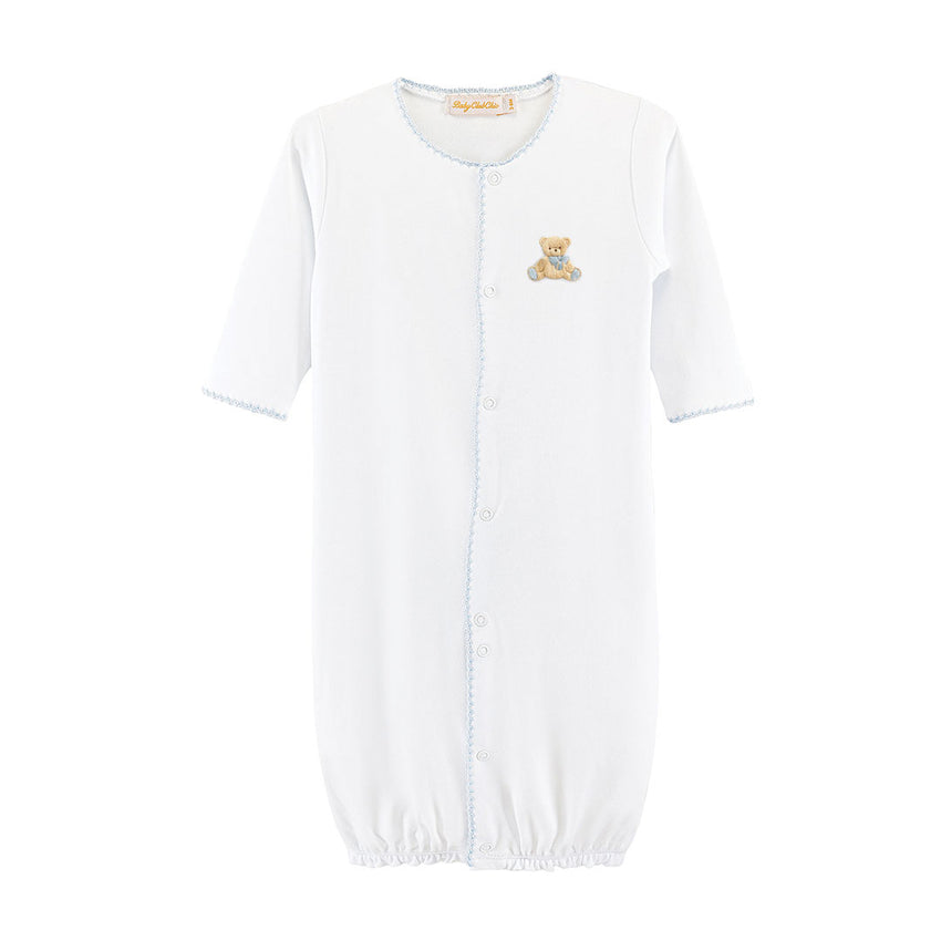 Blue trimmed white converter with teddy bear embroidery on chest. 