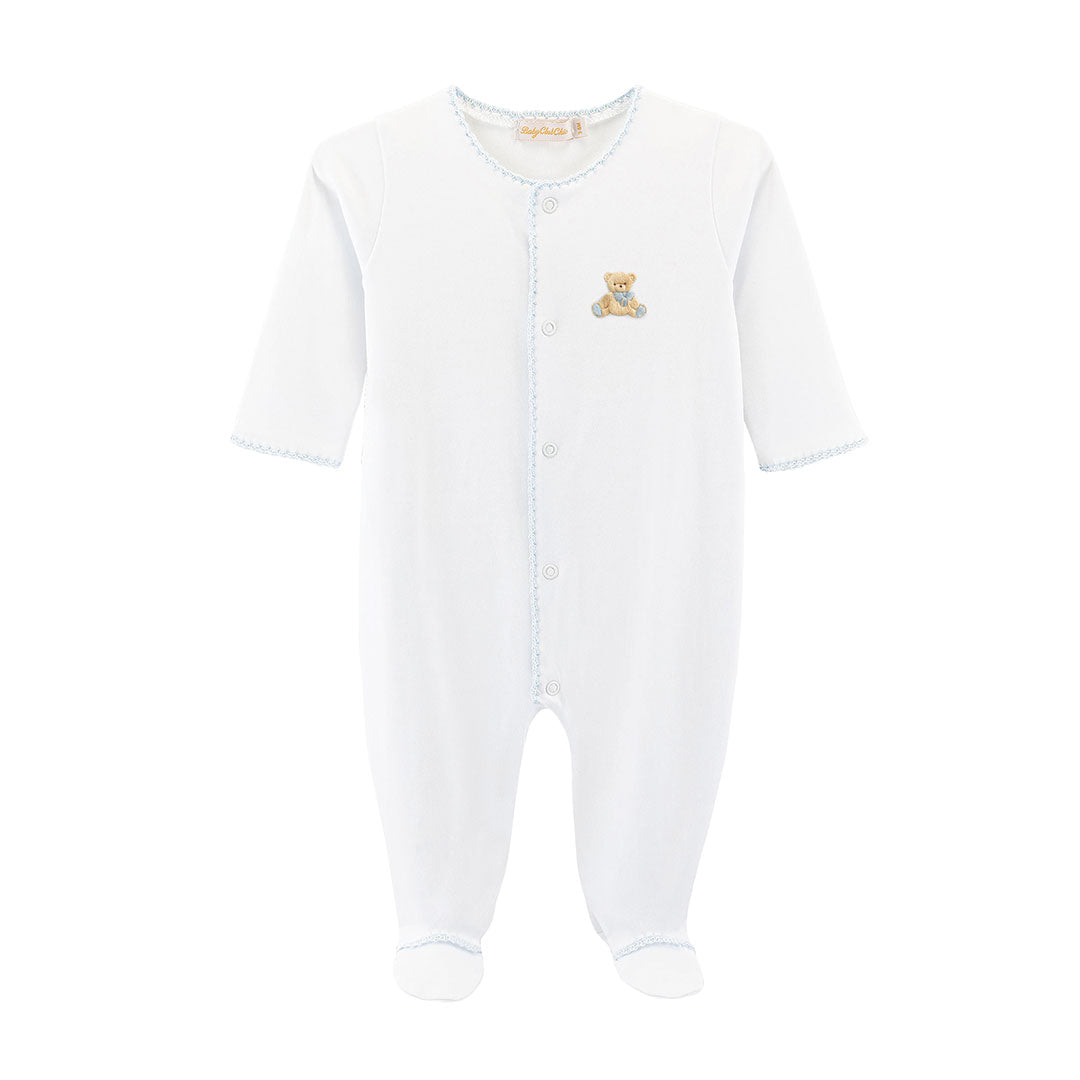 Blue trimmed white footie with embroidered bear on chest 