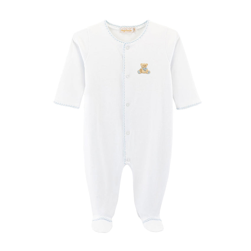 Blue trimmed white footie with embroidered bear on chest 