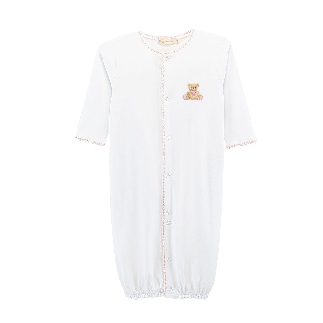 Pink trimmed white converter gown with embroidered teddy bear on chest 