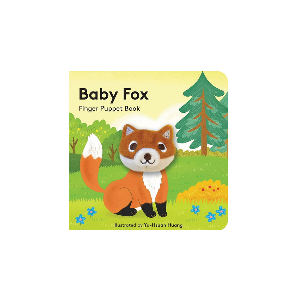 Baby Fox Finger Puppet Book by Yu-Hsuan Huang, featuring a cute cartoon fox on a green forest cover with a yellow background.