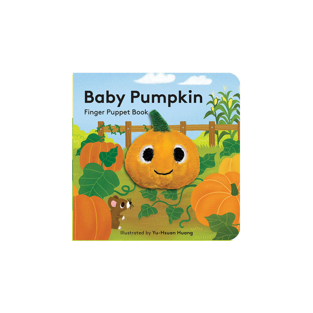 Baby Pumpkin Finger Puppet Book by Yu-Hsuan Huang, featuring a colorful autumn cover with a smiling orange pumpkin, pumpkins, green leaves, a small mouse, and a blue sky background.