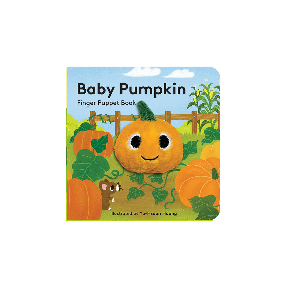 Baby Pumpkin Finger Puppet Book by Yu-Hsuan Huang, featuring a colorful autumn cover with a smiling orange pumpkin, pumpkins, green leaves, a small mouse, and a blue sky background.