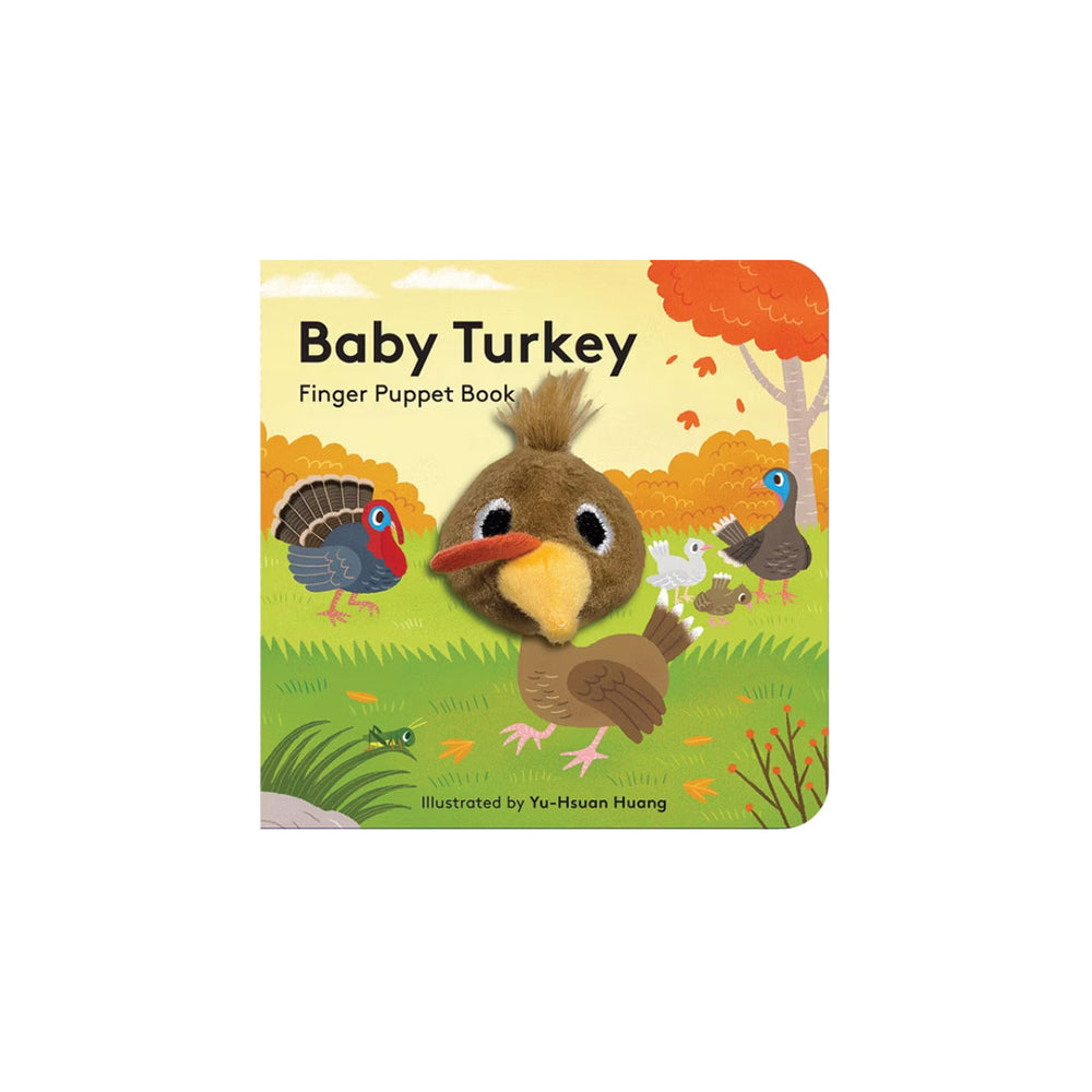 Baby Turkey Finger Puppet Book by Yu-Huiwan Huang, featuring a colorful cover illustration of a plush turkey and other autumn birds on a white background.