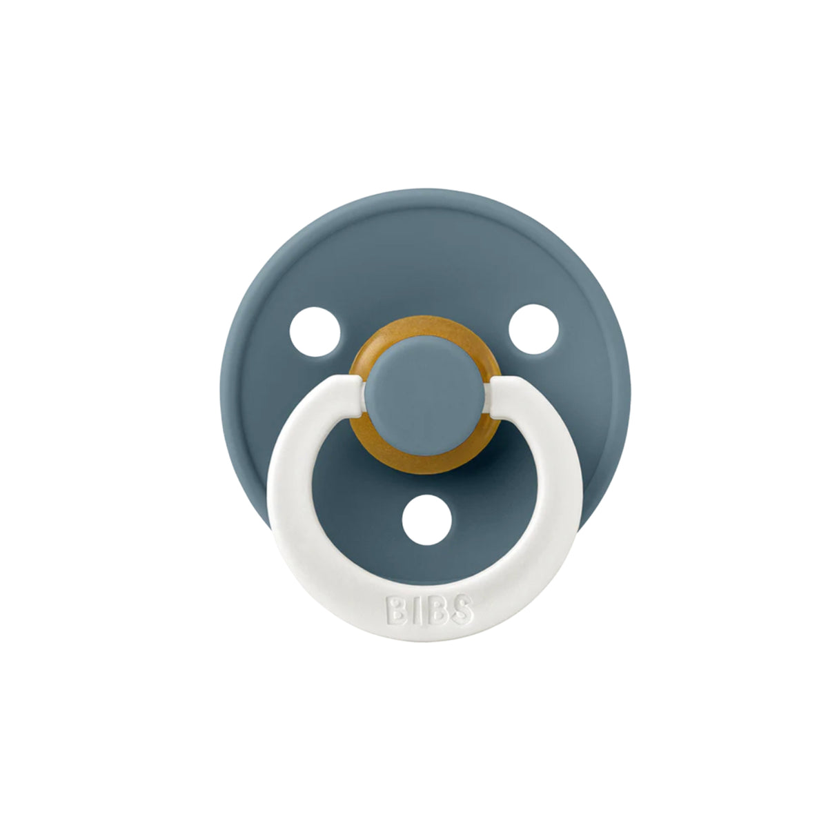 Blue and white pacifier with gold center on a white background