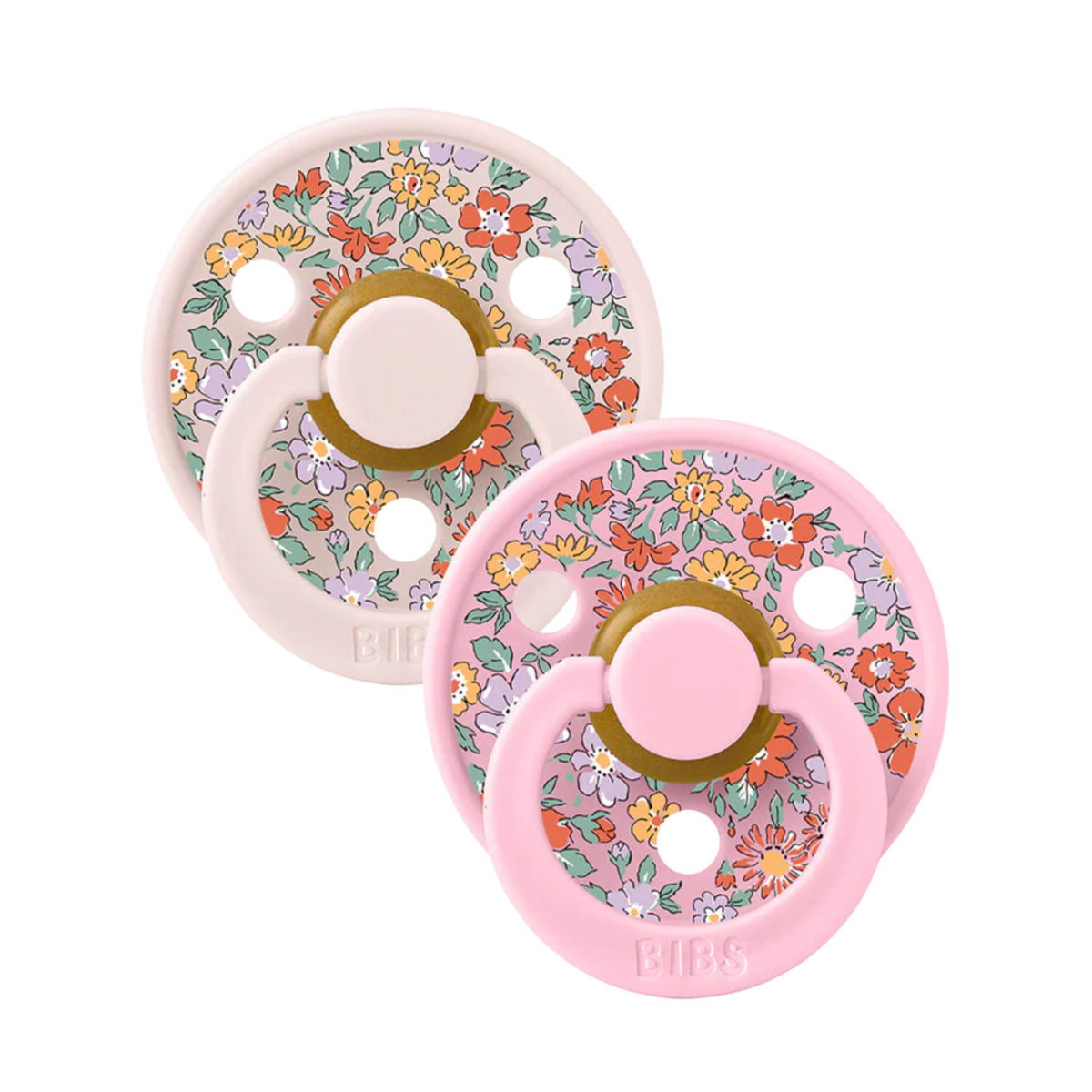 Two pink and white floral-patterned baby pacifiers on a white background.