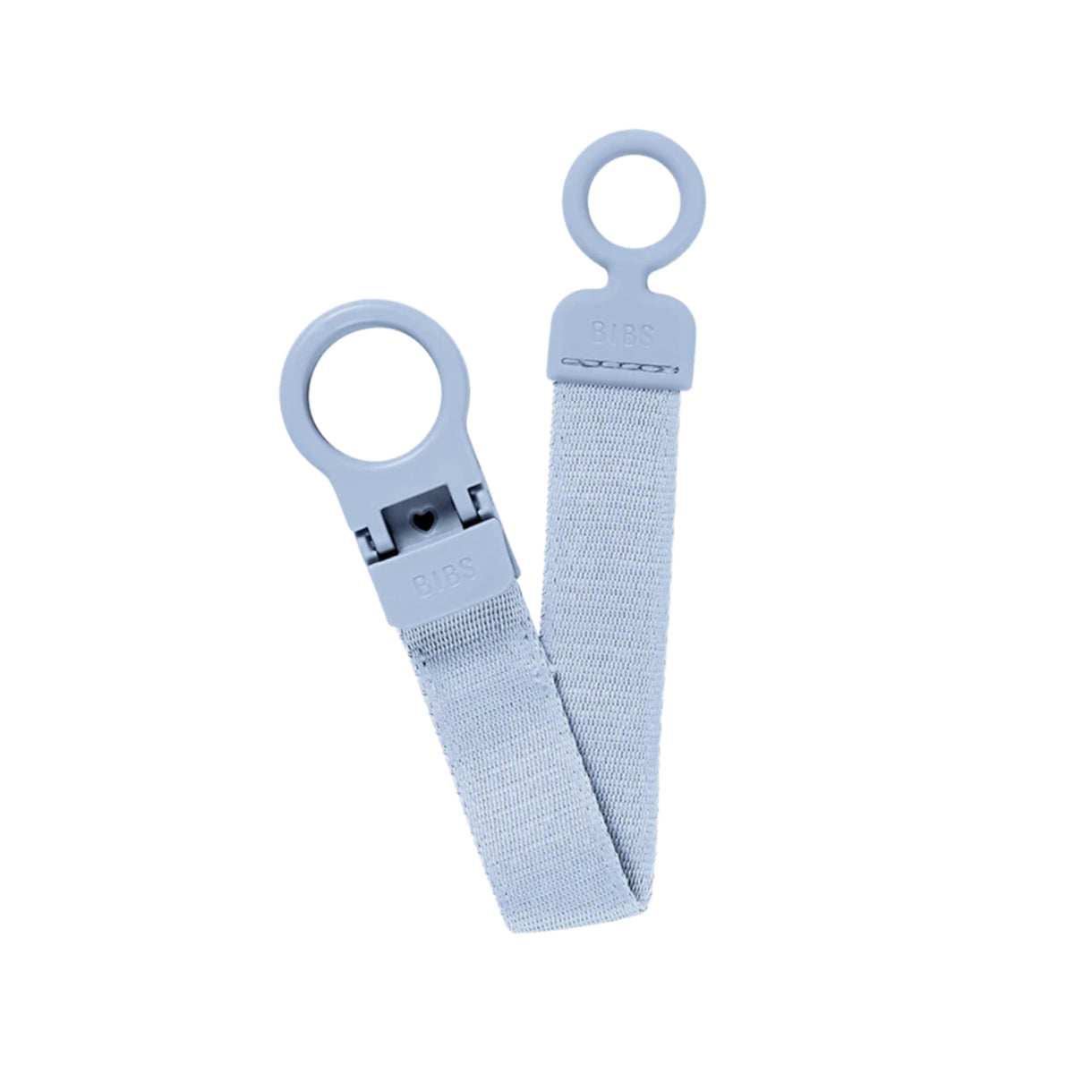 Light blue baby pacifier with a clip on a white background.
