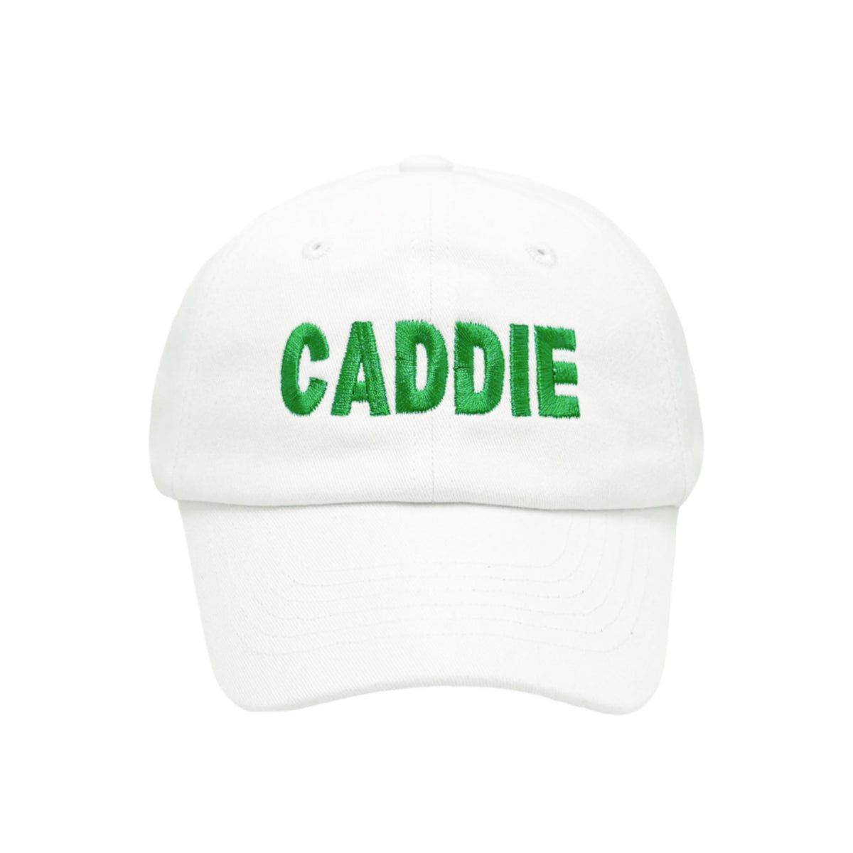 Child's white cap with 'CADDIE' in green text on a white background.