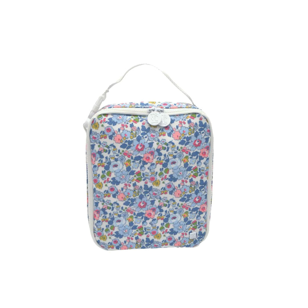 Floral-patterned lunchbox with a white strap on a white background.