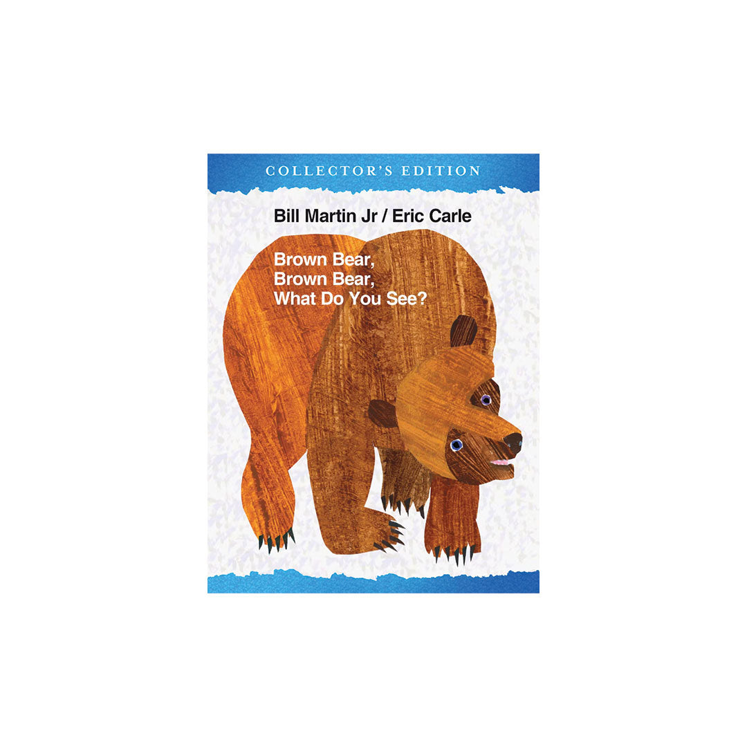 Collector's Edition book cover for the children's book 'Brown Bear, Brown Bear, What Do You See?' by Bill Martin Jr. and Eric Carle, featuring the classic woodcut-style brown bear illustration on a white background with blue borders.