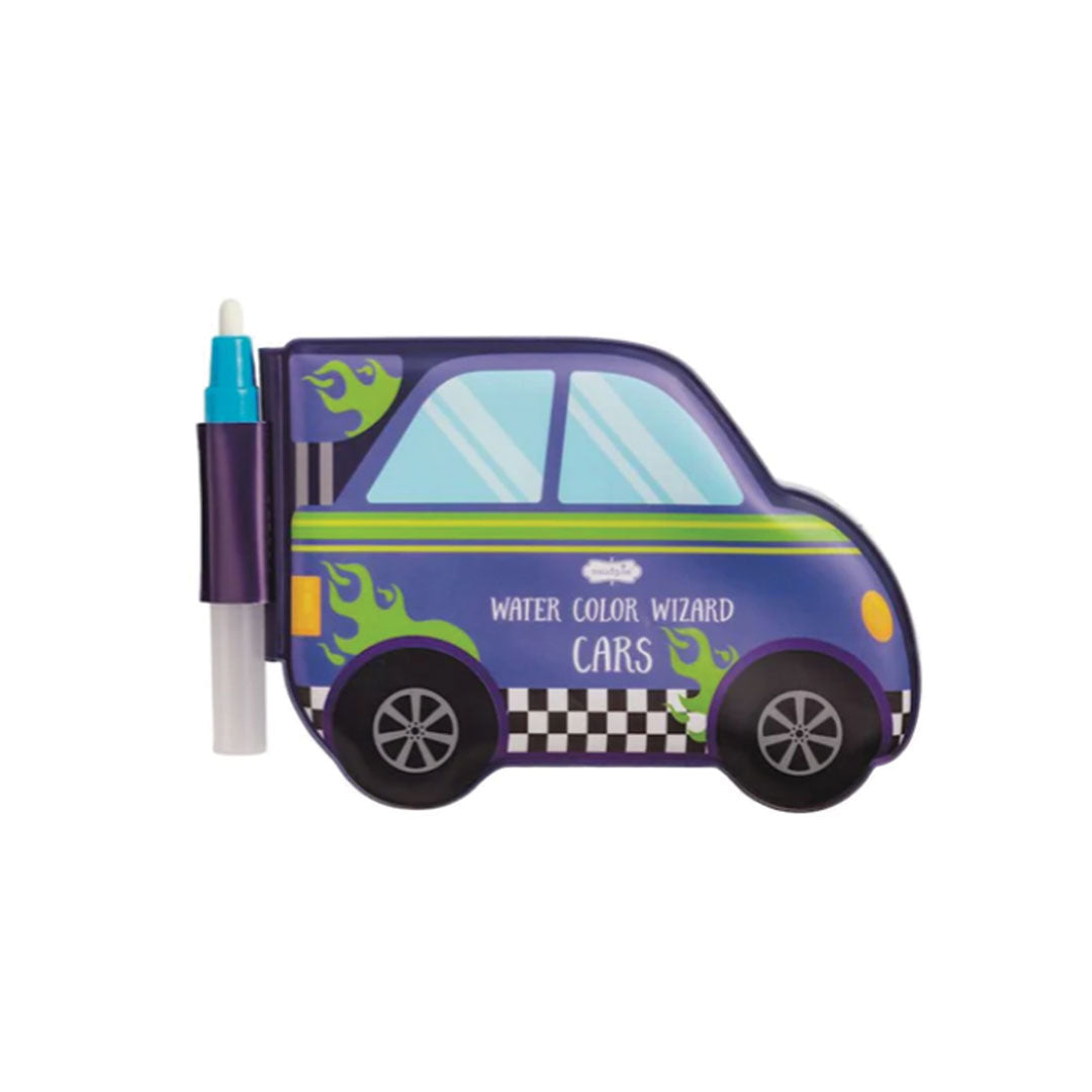 Car-shaped coloring book with a blue cap on a white background.