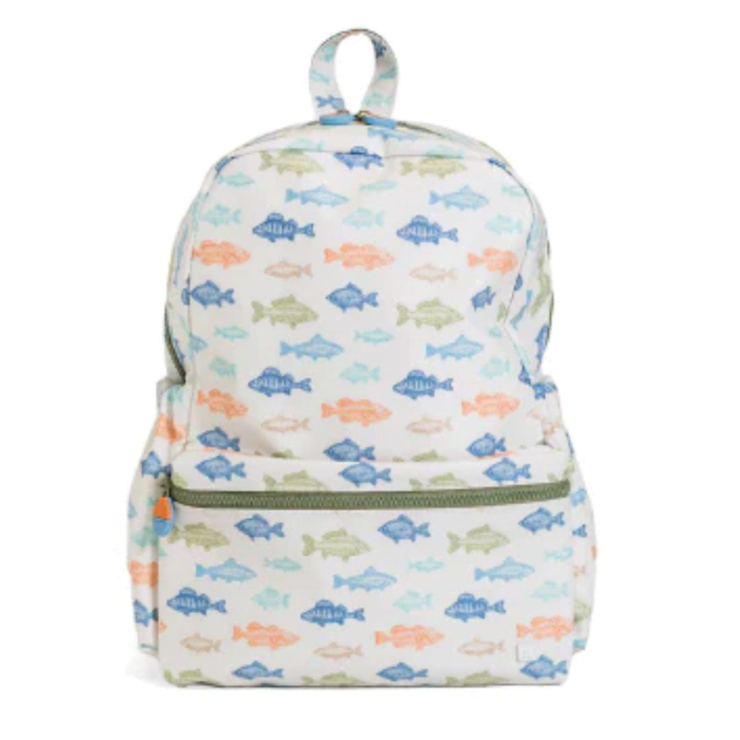 Backpack with fish pattern on a white background.