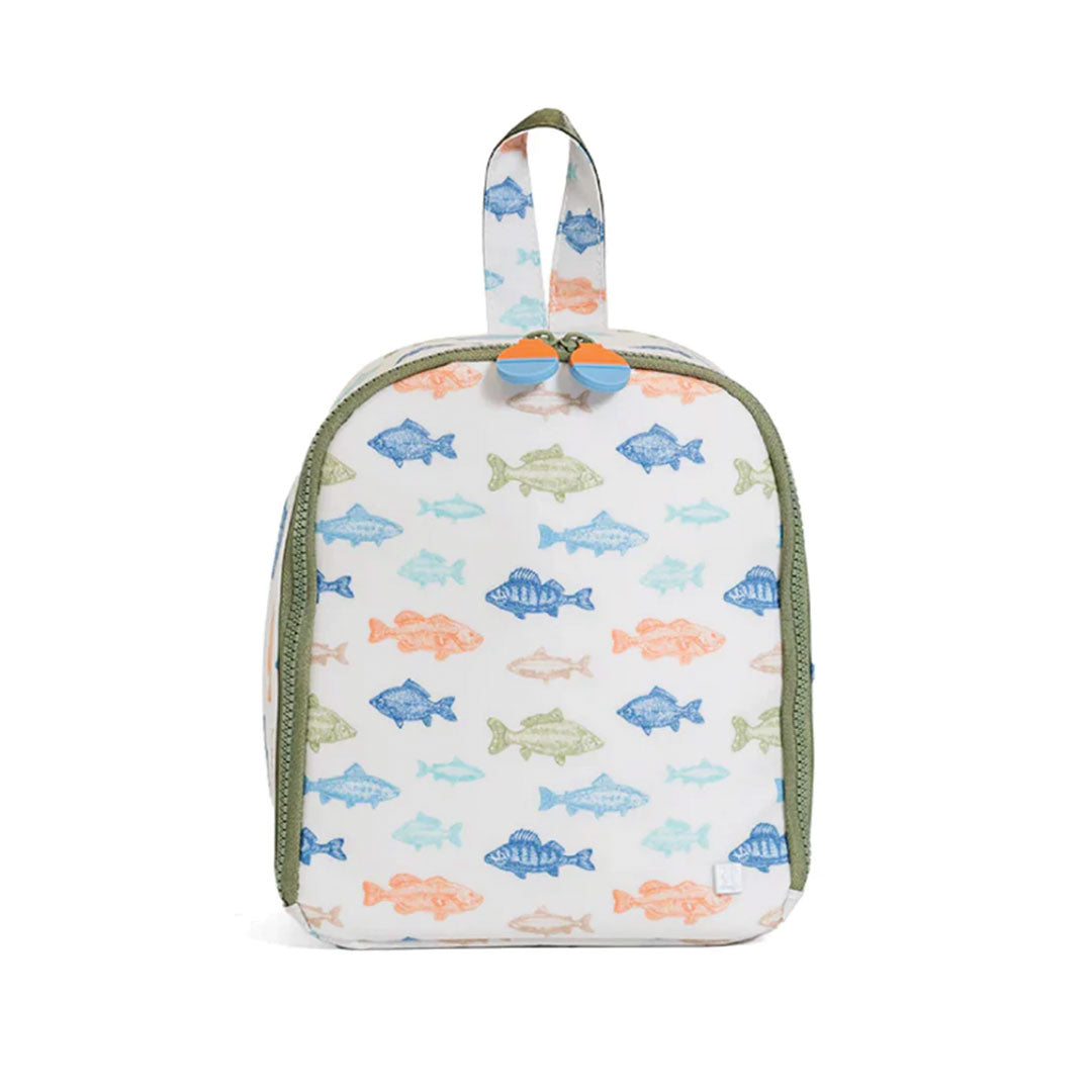 Lunchbox with fish pattern on a white background.