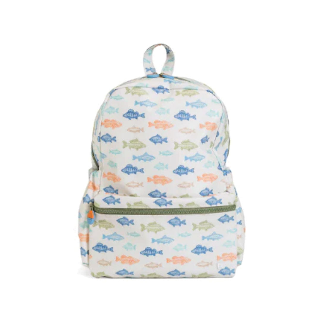 Backpack with fish pattern on a white background.