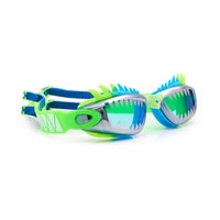 Neon green and blue swim goggles with shark fin design on a white background.