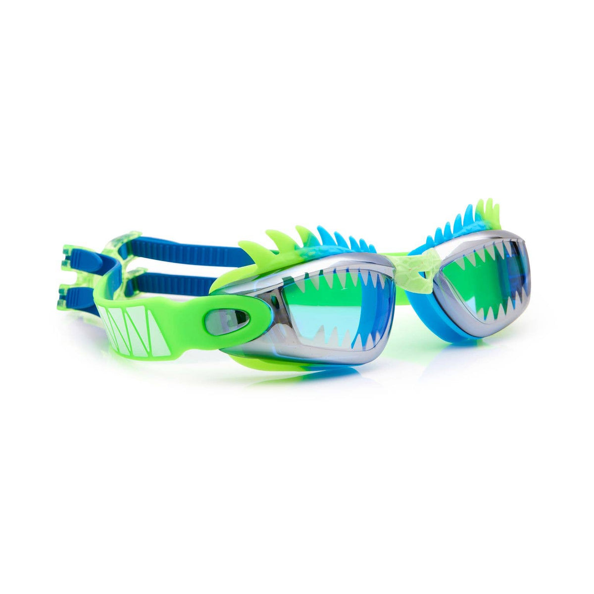 Neon green and blue swim goggles with shark fin design on a white background.