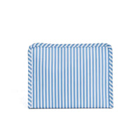 Rectangular pouch with blue and white striped pattern on a white background.