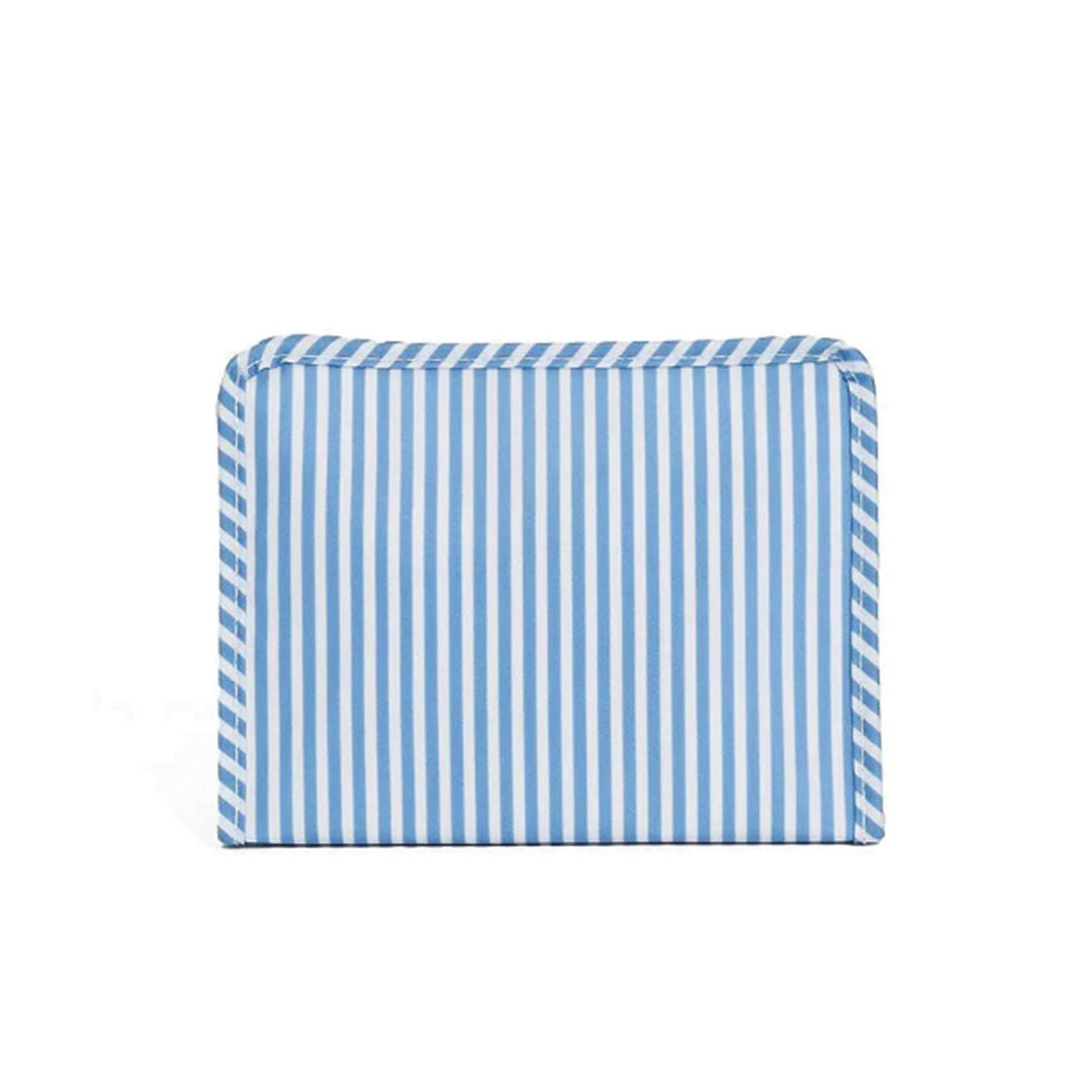 Rectangular pouch with blue and white striped pattern on a white background.