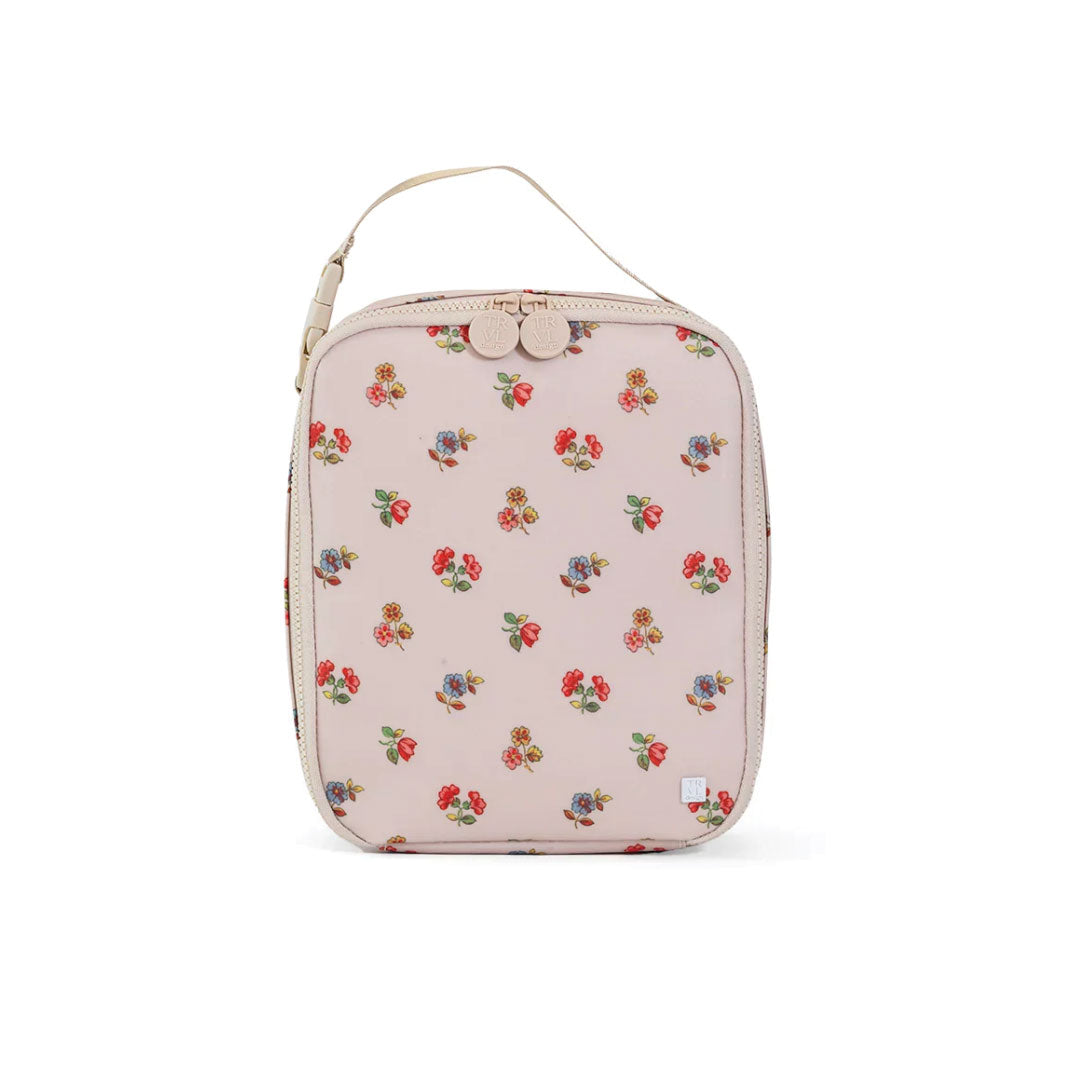 Floral-patterned lunchbox on a white background.