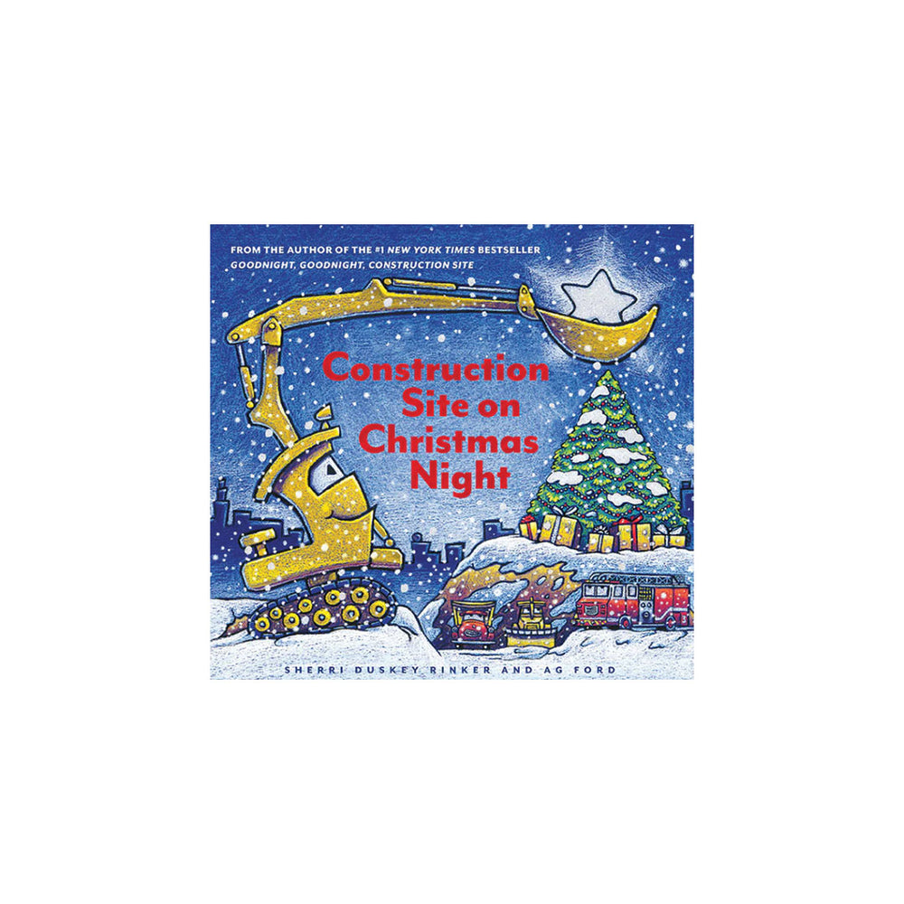 Children's book cover titled "Construction Site on Christmas Night" showing a snowy winter scene with a yellow excavator, Christmas tree, trains, and red title text on a blue night sky.