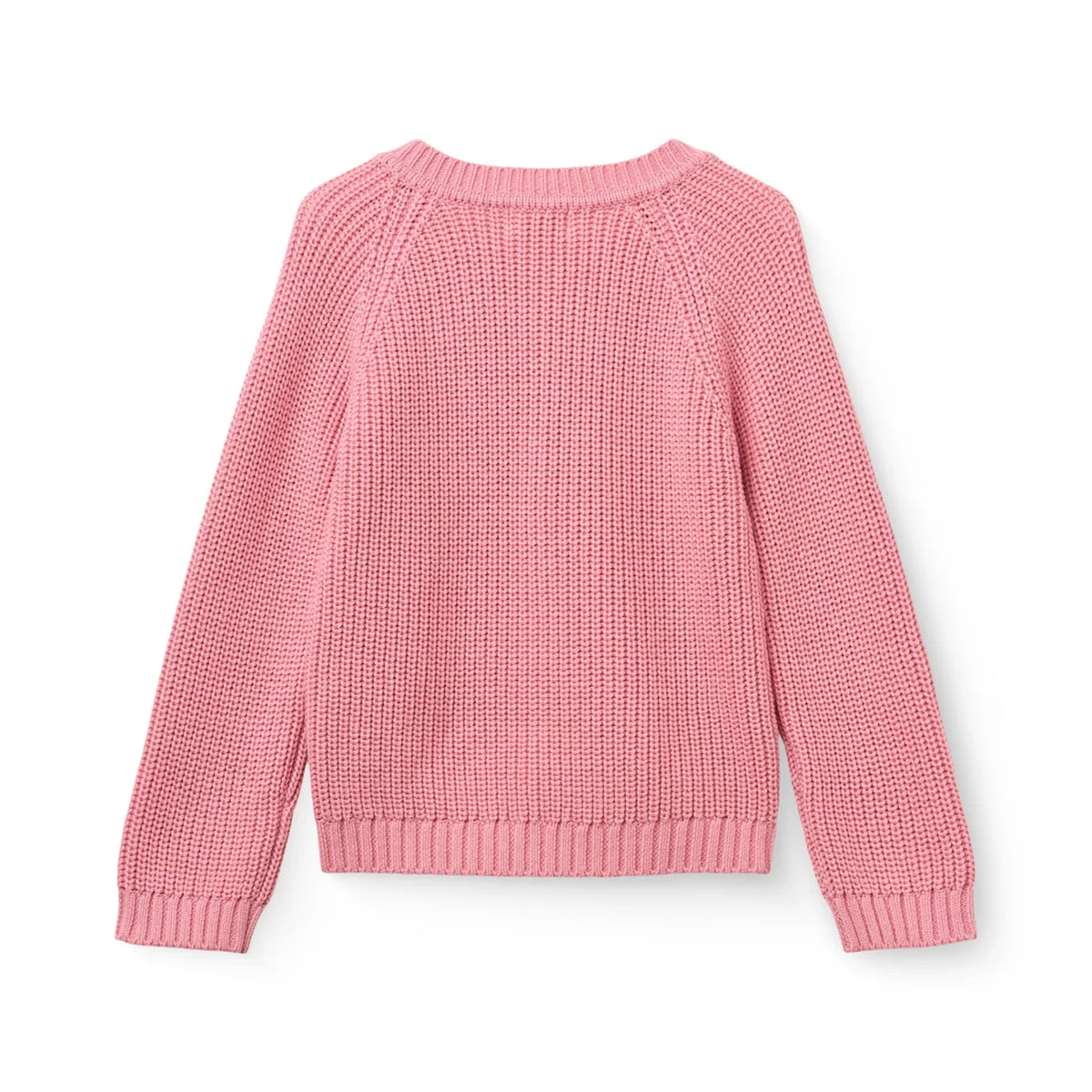 Back of a pink knitted cardigan sweater with buttons down the front on a white background.