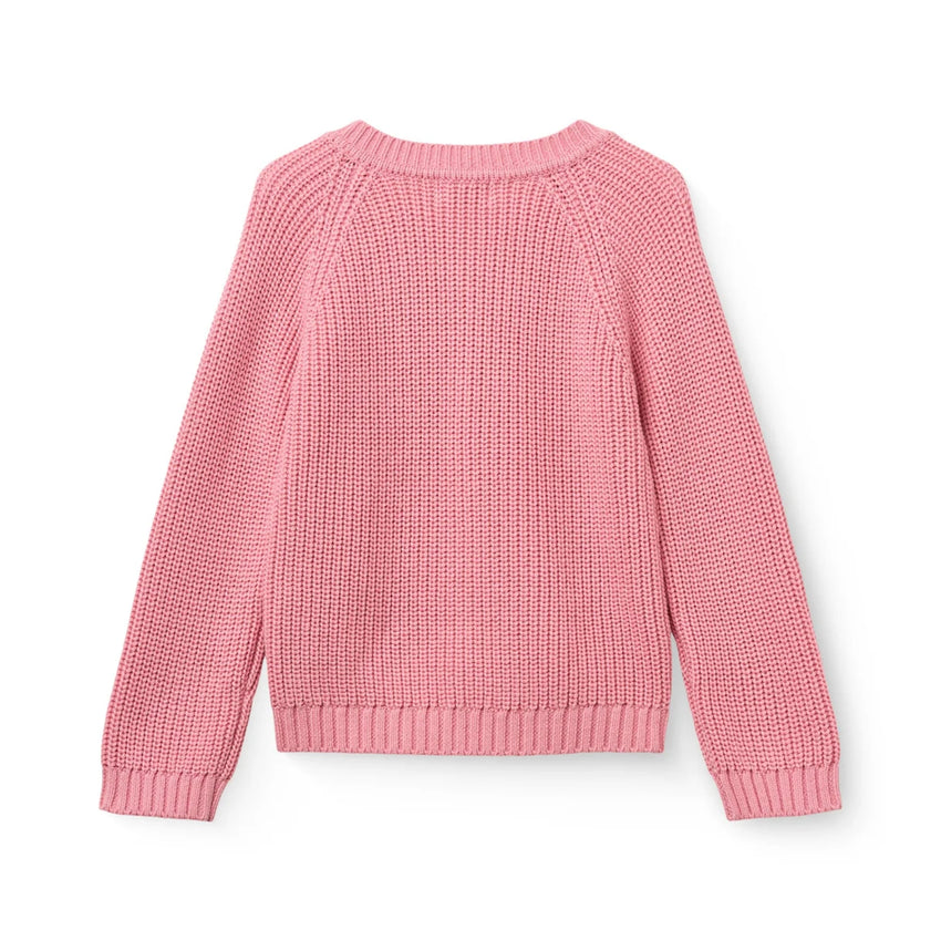 Back of a pink knitted cardigan sweater with buttons down the front on a white background.