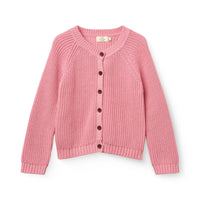 Pink knitted cardigan sweater with buttons down the front on a white background.