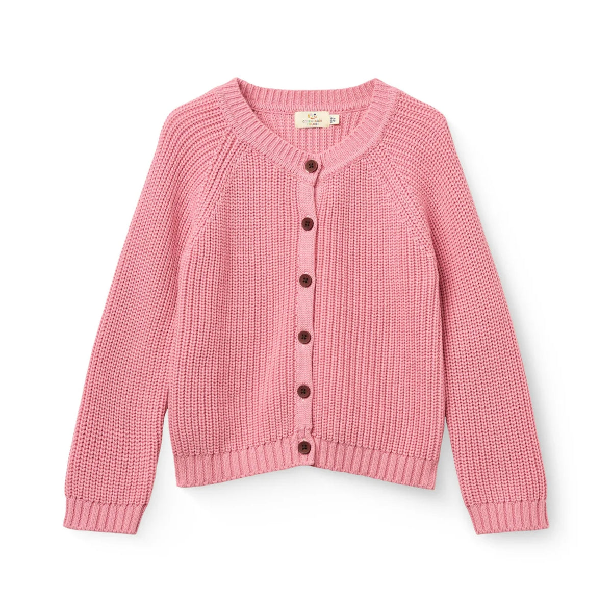 Pink knitted cardigan sweater with buttons down the front on a white background.